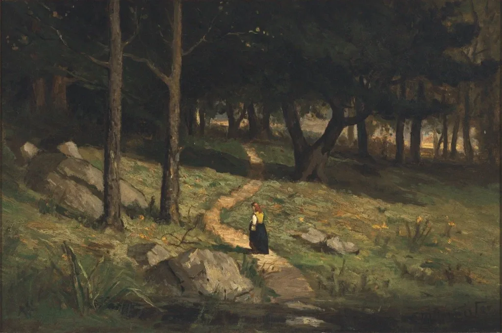 painting of a woman on a forest path
